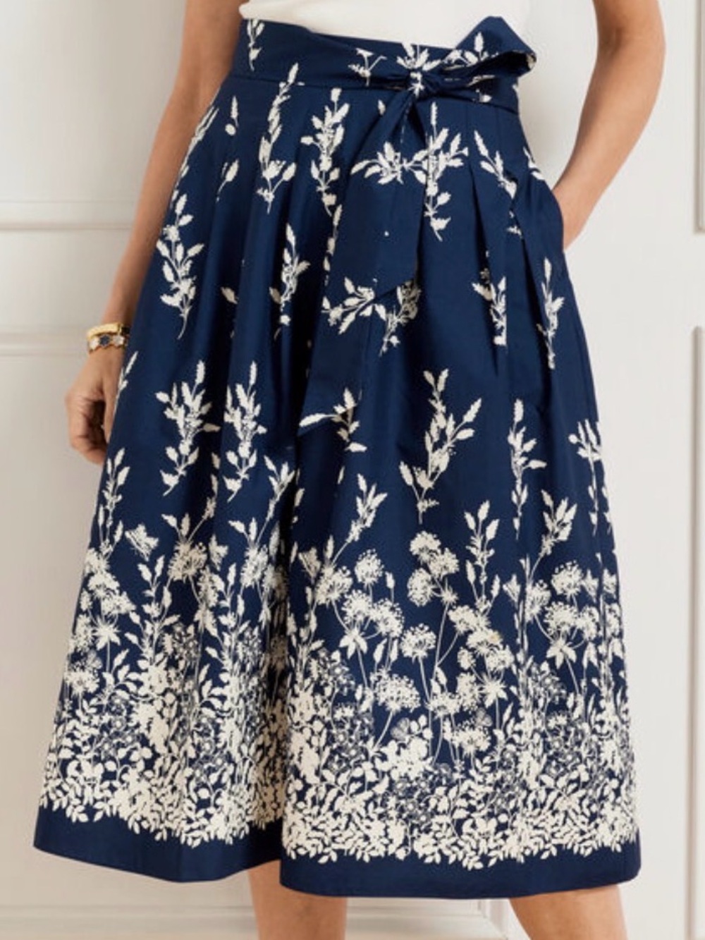 Talbots The Piper Patio Skirt Navy Floral Midi Skirt with Tie Waist 100% Cotton - Picture 16 of 16